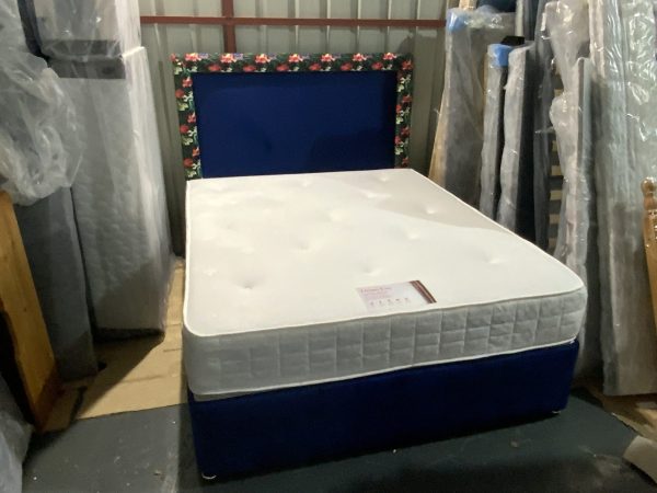 5ft king size royal blue divan bed with headboard +10 inch cool touch mattress