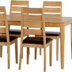 5FT OAK TABLE WITH 6 WOODEN CHAIRS WITH LEATHER SEAT PADS