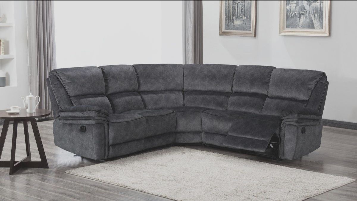 8A81B3A0-7107-4B70-A474-7CEBDF1A839A.jpeg NEW CHARCOAL CORNER SUITE WITH 2 END RECLINERS - Image 1