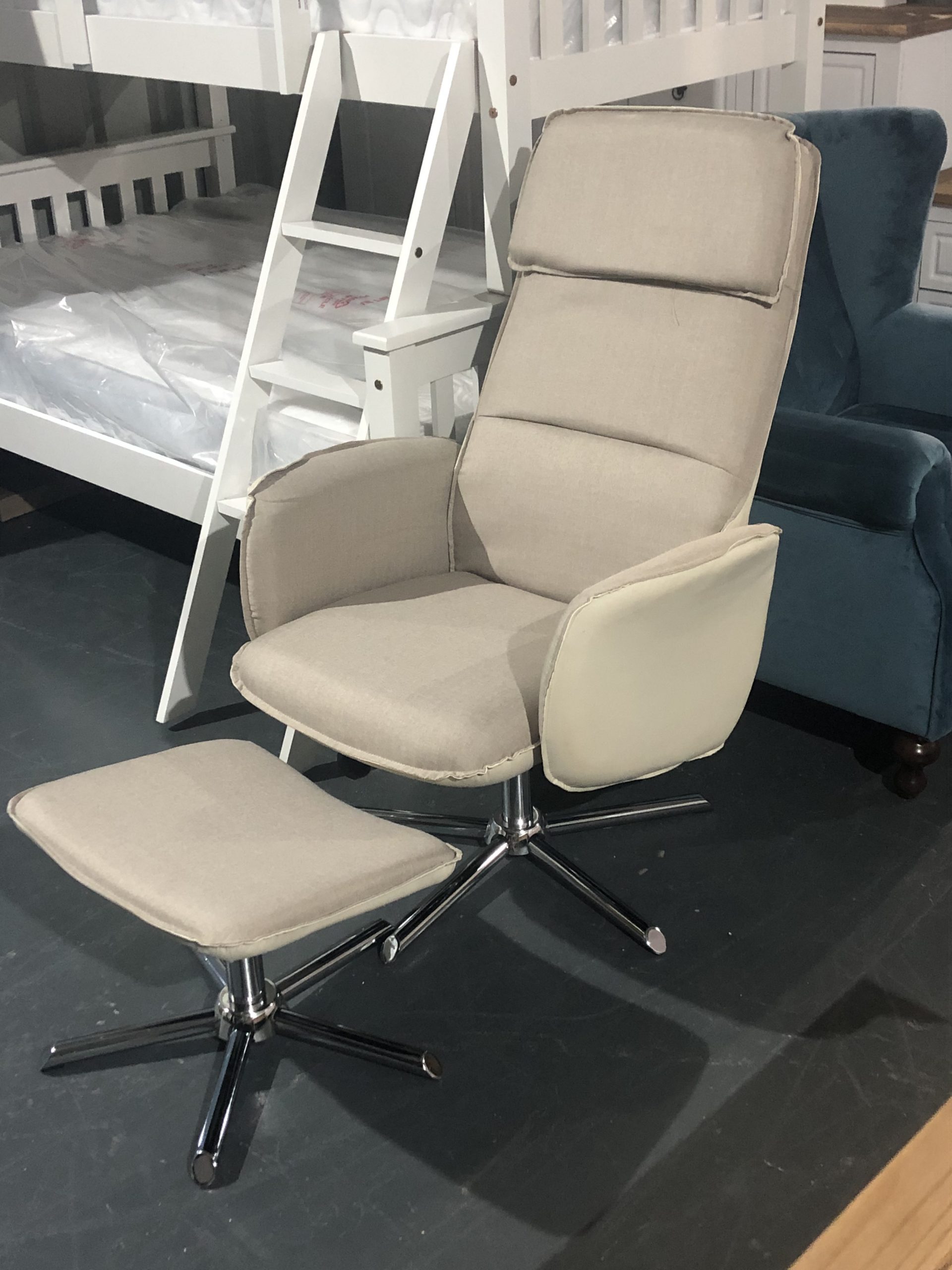 90C9A49E-3FA4-47BE-8C95-84383889E3C9-scaled-1.jpeg Cream swivel recliner chair and stool - Image 1