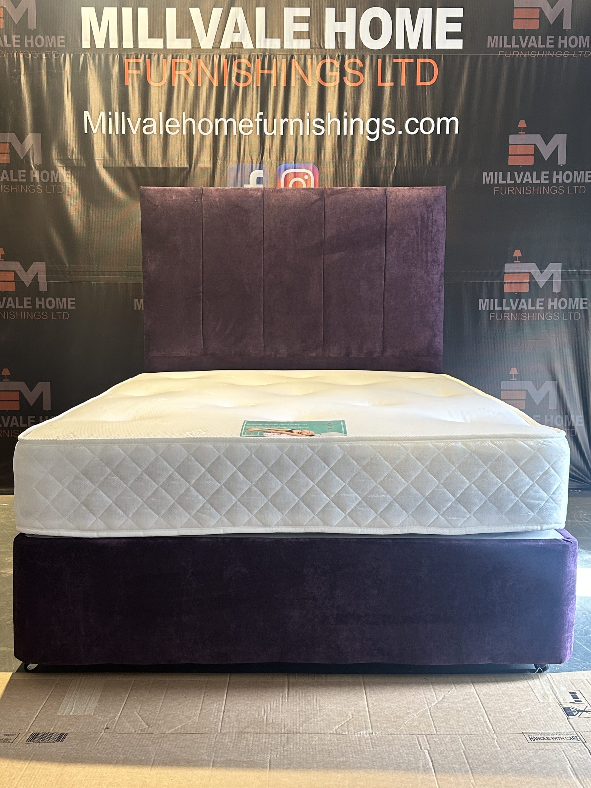 IMG_3807-scaled-1.jpeg 4ft6 double purple divan set with 56 inch floor standing headboard - Image 1